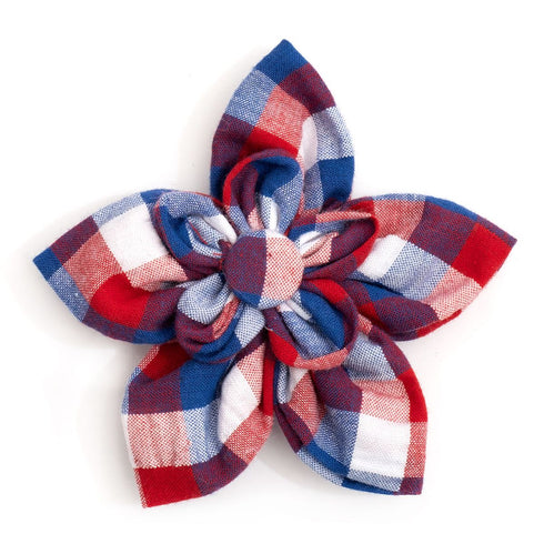 Red/White/Blue Check Dog Collar Flower