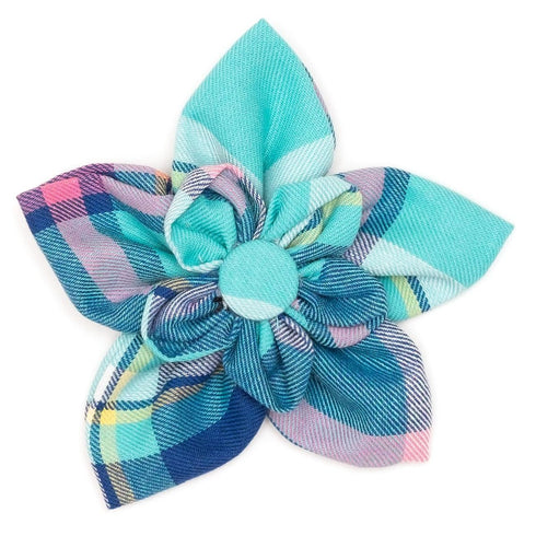 Aqua/Navy Plaid Dog Collar Flower