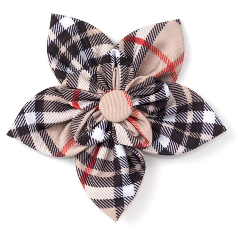 Bias Plaid Tan Dog Collar Flower