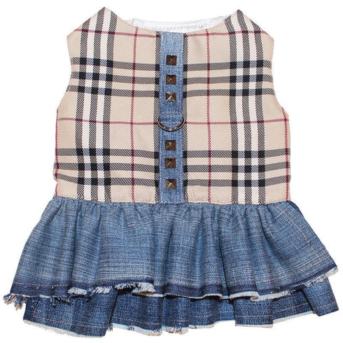 British Tartan Plaid Denim Dog Harness Dress