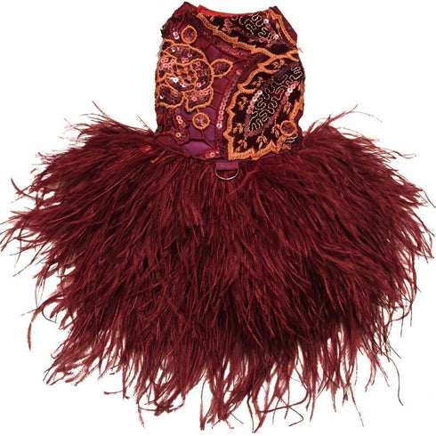 Burgundy Wine Embroidered Feather Dog Dress