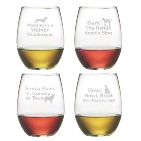 Canine Carols Stemless Wine Glasses, Set Of 4