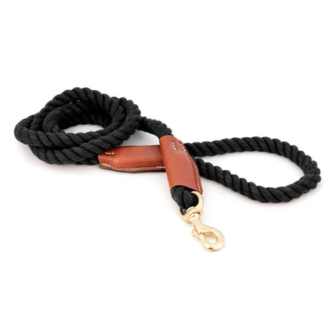 Cotton Rope 1/2" Dog Leash Black With Leather Accents