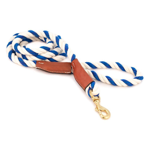 Cotton Rope 1/2" Dog Leash Blue/White With Leather Accents