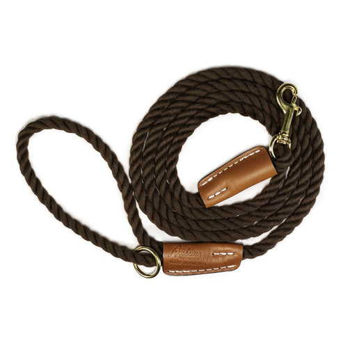 Cotton Rope 1/2" Dog Leash Brown With Leather Accents