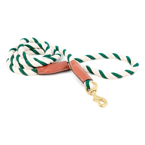 Cotton Rope 1/2" Dog Leash Green/White With Leather Accents