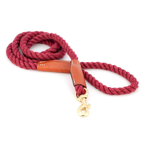 Cotton Rope 1/2" Dog Leash Maroon With Leather Accents