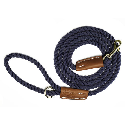 Cotton Rope 1/2" Dog Leash Navy Blue With Leather Accents