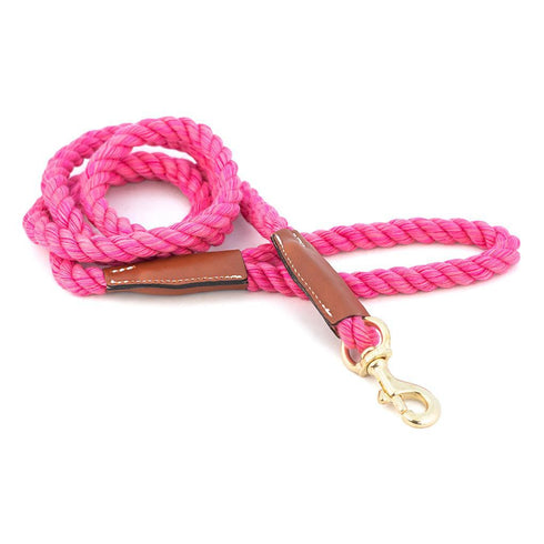Cotton Rope 1/2" Dog Leash Pink With Leather Accents