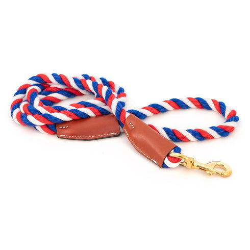 Cotton Rope 1/2" Dog Leash Red/White/Blue With Leather Accents