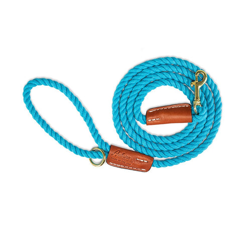 Cotton Rope 1/2" Dog Leash Turquoise With Leather Accents