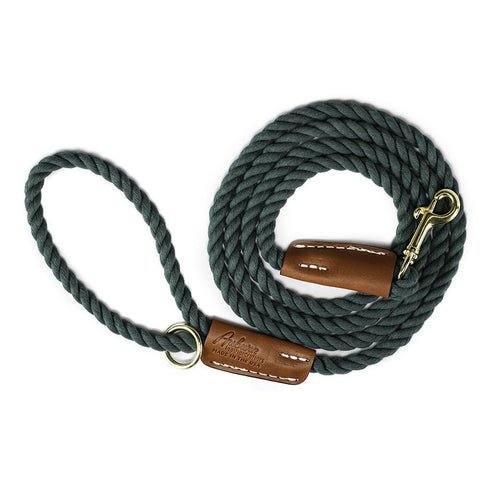 Cotton Rope 3/8" Dog Leash Evergreen With Leather Accents