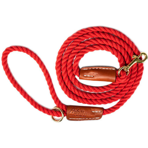 Cotton Rope 3/8" Dog Leash Red With Leather Accents