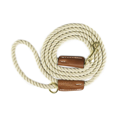Cotton Rope 3/8" Dog Leash Tan With Leather Accents