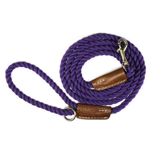 Cotton Rope 3/8" Dog Leash Violet With Leather Accents