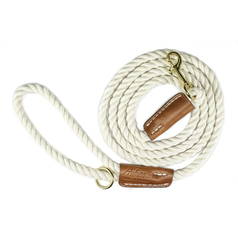 Cotton Rope 3/8" Dog Leash White With Leather Accents