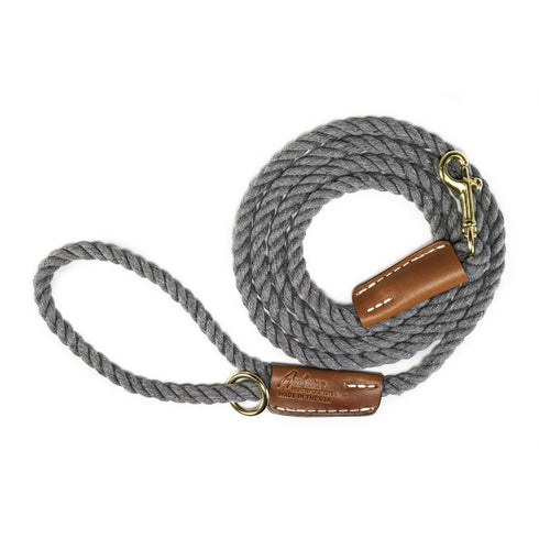 Cotton Rope 5/8" Dog Leash Grey With Leather Accents