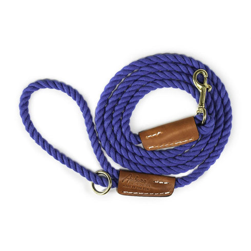 Cotton Rope 5/8" Dog Leash Nautical Blue With Leather Accents