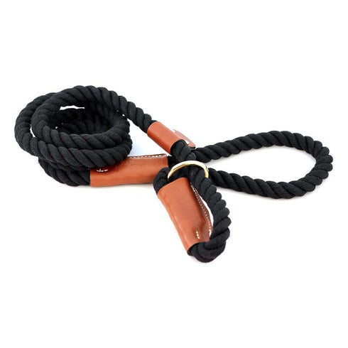 Cotton Rope Slip Dog Leash Black With Leather Accents