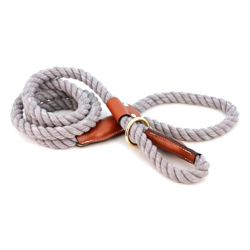 Cotton Rope Slip Dog Leash Grey With Leather Accents