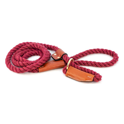 Cotton Rope Slip Dog Leash Maroon With Leather Accents