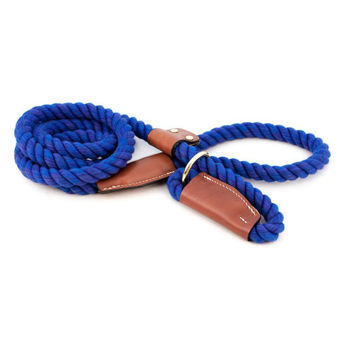 Cotton Rope Slip Dog Leash Nautical Blue With Leather Accents