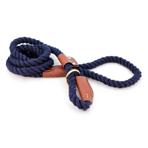 Cotton Rope Slip Dog Leash Navy Blue With Leather Accents