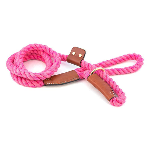 Cotton Rope Slip Dog Leash Pink With Leather Accents