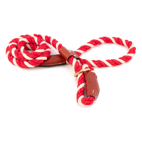 Cotton Rope Slip Dog Leash Red/White With Leather Accents