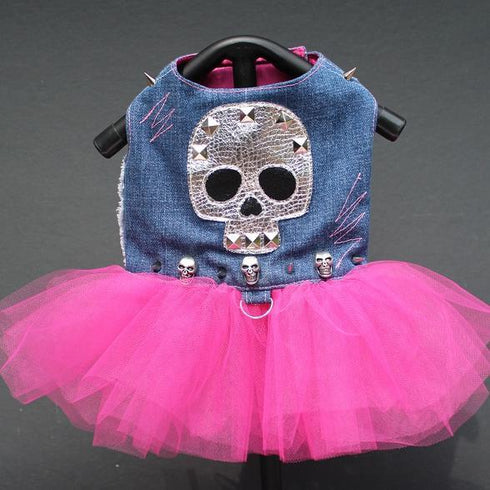 Denim Skull Rocker Harness Tutu Dog Dress