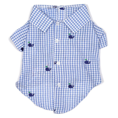 Gingham Whales Woven Dog Shirt