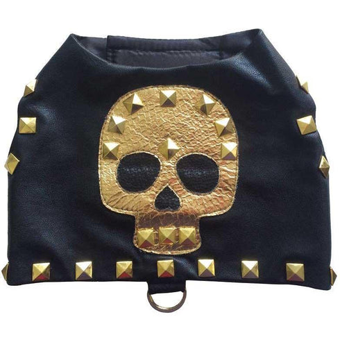 Gold Skull Studded Leather Dog Harness Vest