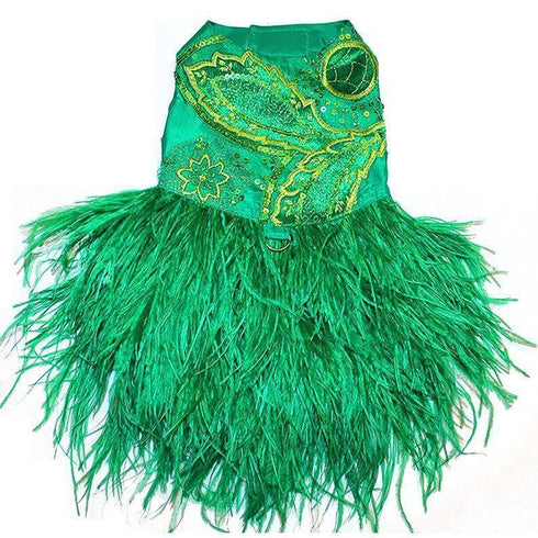 Green Embroidered Feather Dog Dress