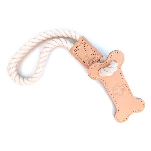 Natural Cotton And Leather Tug Bone Dog Toy