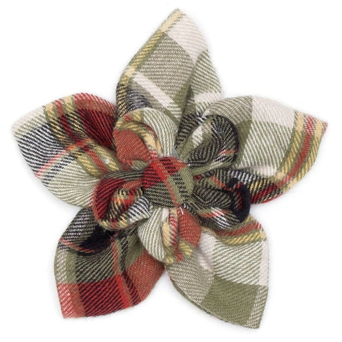 Olive Multi Plaid Dog Collar Flower