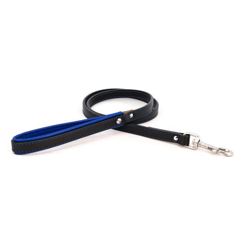 Padded Leather Dog Leash Black/Blue