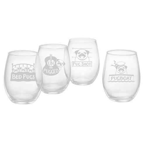 Pug Shots Stemless Wine Glasses, Set Of 4