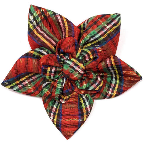 Red Lurex Plaid Dog Collar Flower