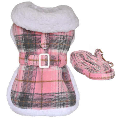 Sherpa Lined Dog Harness Coat Pink And White Plaid
