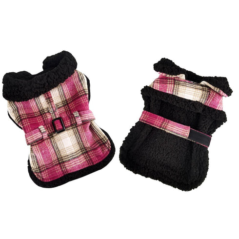Sherpa Lined Dog Harness Coat With Leash Hot Pink And Tan Plaid