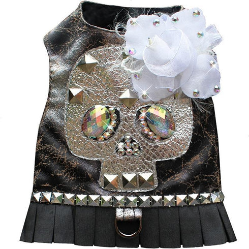 Silver Rocker Glam Skull And Rose Dog Harness Vest