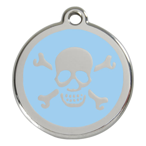 Stainless Steel And Enamel Skull And Crossbones Light Blue Dog ID Tag