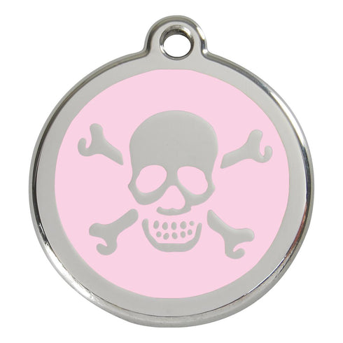 Stainless Steel And Enamel Skull And Crossbones Pink Dog ID Tag
