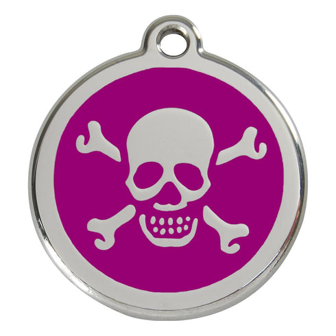 Stainless Steel And Enamel Skull And Crossbones Purple Dog ID Tag