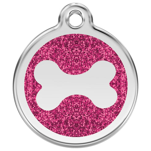 Stainless Steel And Glitter Enamel Bone Hot Pink Dog ID Tag