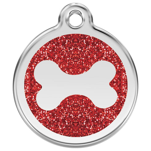 Stainless Steel And Glitter Enamel Bone Red Dog ID Tag