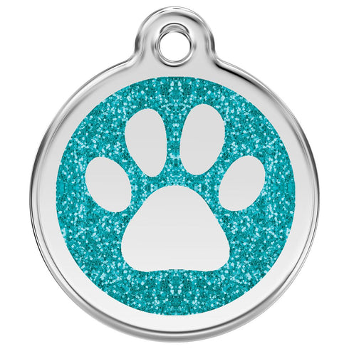 Stainless Steel And Glitter Enamel Paw Print Aqua Dog ID Tag