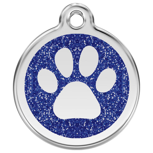 Stainless Steel And Glitter Enamel Paw Print Dark Blue Dog ID Tag