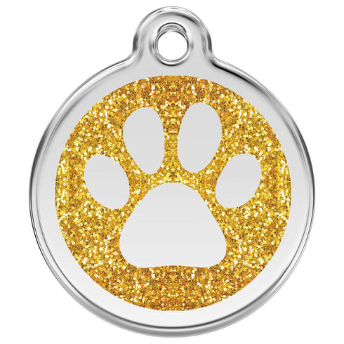 Stainless Steel And Glitter Enamel Paw Print Gold Dog ID Tag