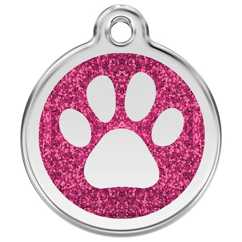 Stainless Steel And Glitter Enamel Paw Print Hot Pink Dog ID Tag
